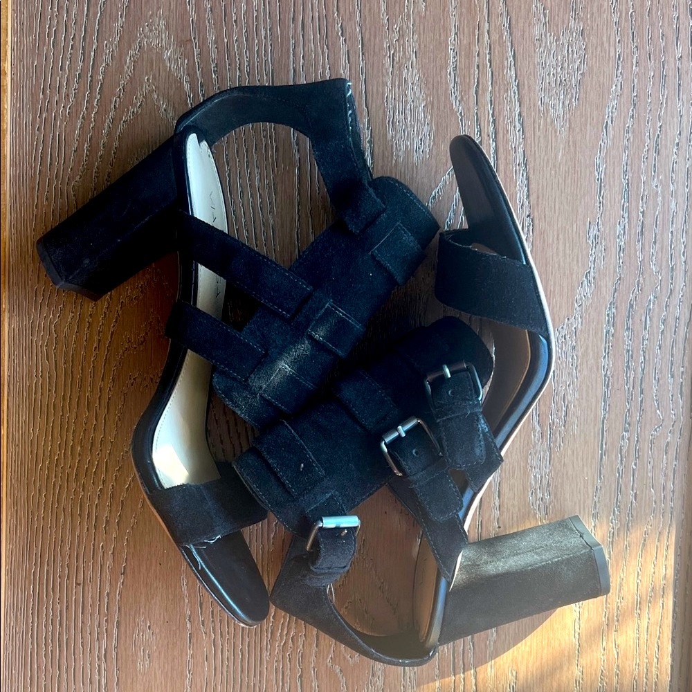 Black Suede Strappy Block Heels by Via Spiga